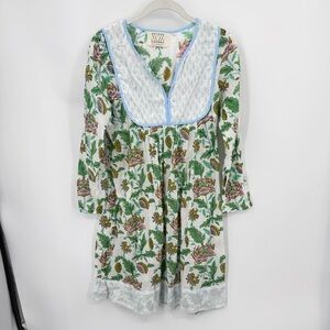 SZ BLOCKPRINTS Jaipur Cotton Isla Block Print Round Neck Long Sleeve Dress sz S